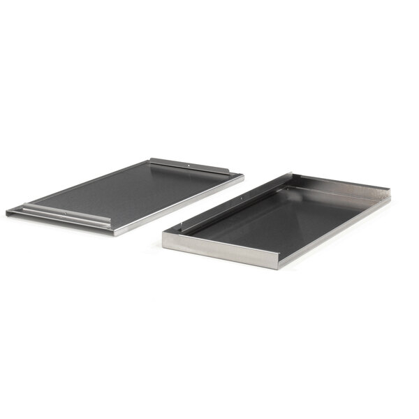 Two stainless steel Perlick trays with handles.