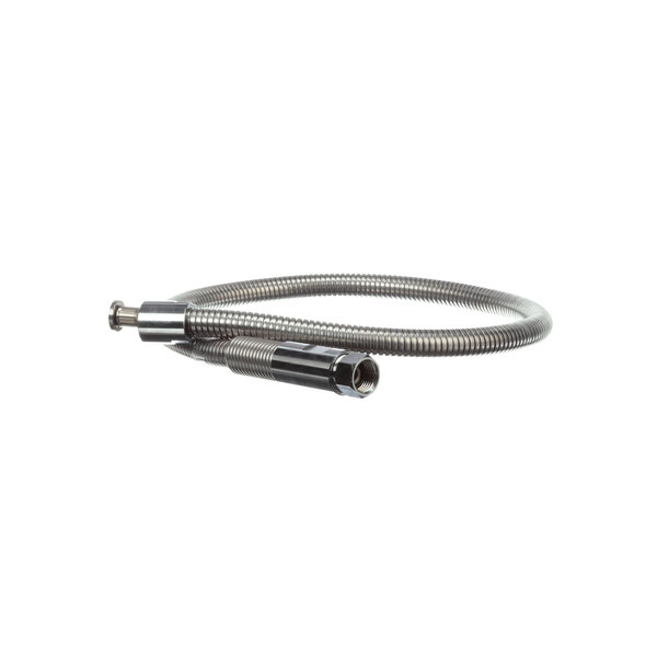 A stainless steel Encore faucet supply hose with a metal connector.