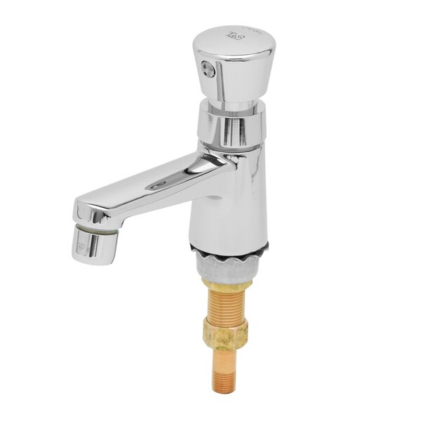 A T&S chrome Deck Mount Basin Faucet with push button metering.