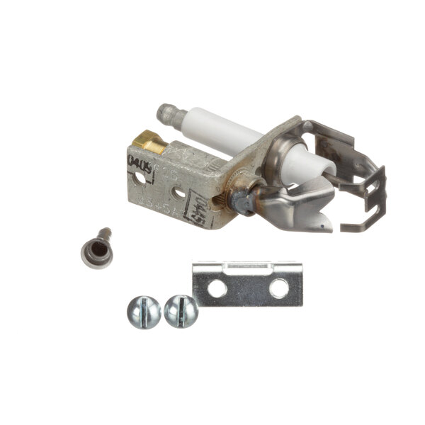 A white metal Cutler Industries ignitor pilot assembly with screws and bolts.