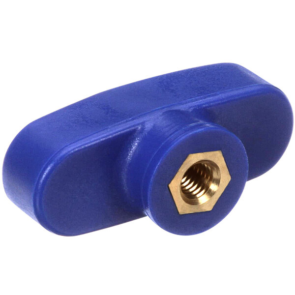 A blue plastic Vollrath locking knob with a gold nut.