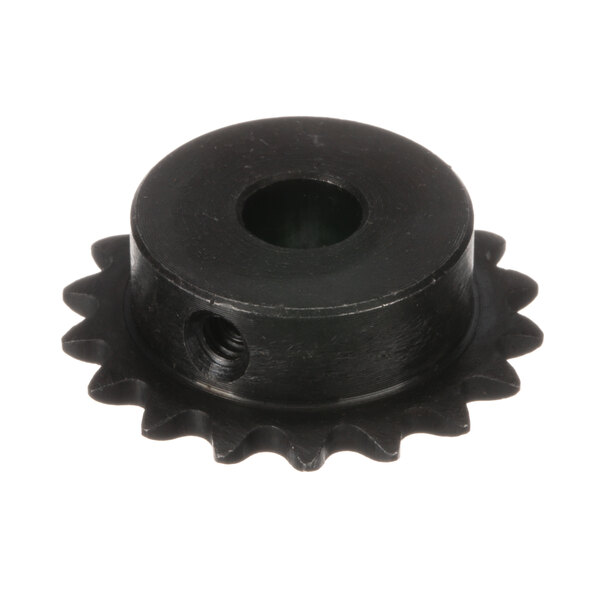 A black metal sprocket with a hole in it.