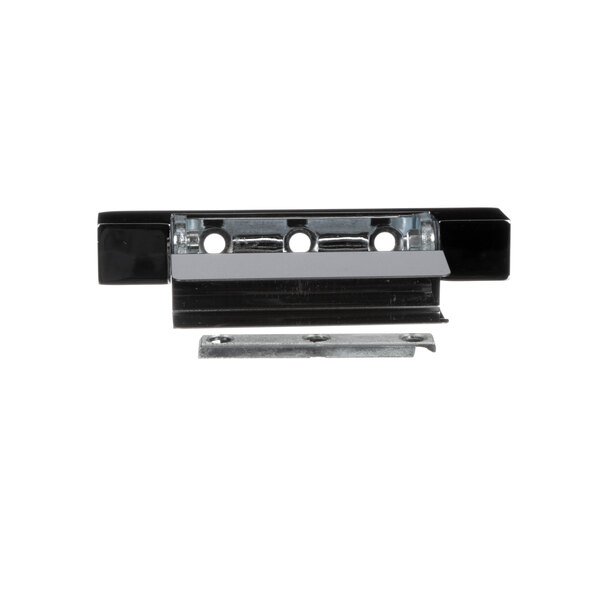 A black and silver metal Seco Select Edgemount hinge.