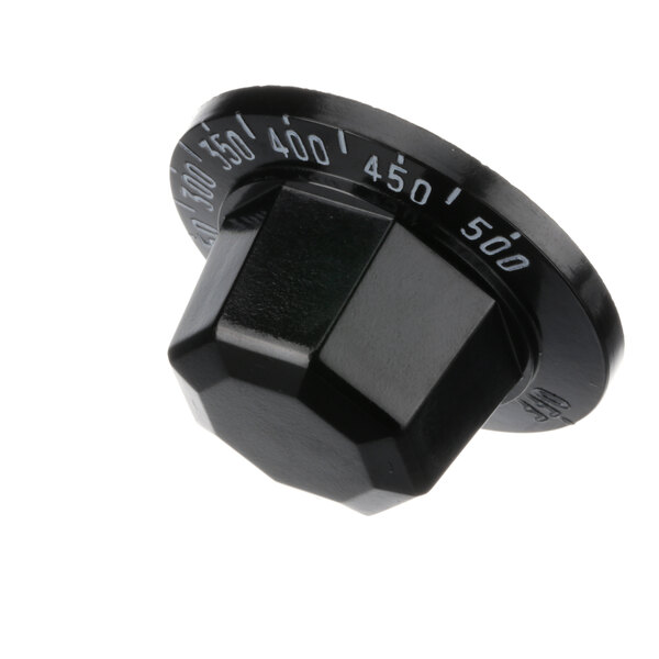 A black Royal Range knob with white numbers.