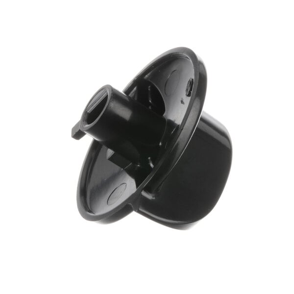 A black plastic Server Products knob with a hole in it.