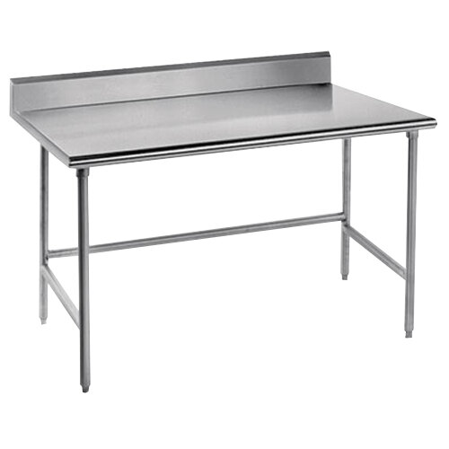 An Advance Tabco stainless steel work table with a long rectangular top.