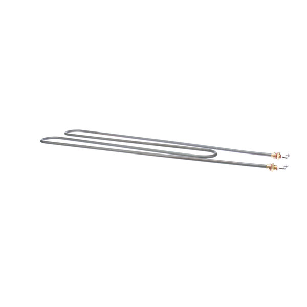 A heating element with white curved metal rods with wires.
