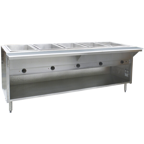 An Eagle Group stainless steel natural gas steam table with an open well holding five pans.