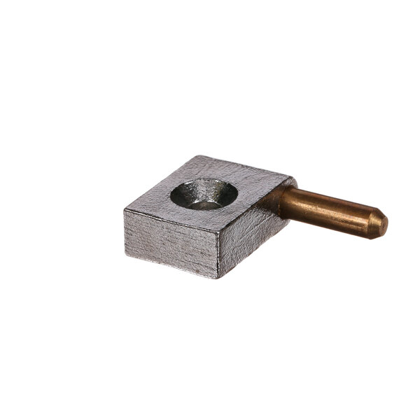 A metal square Blodgett hinge bracket with a hole in it.