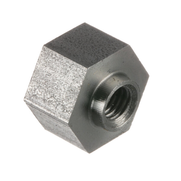 A close-up of a hexagon nut with a threaded end.