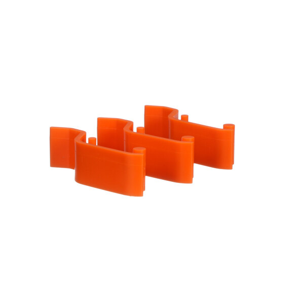 A 3 pack of orange plastic Dynamic Mixers clasp pieces.