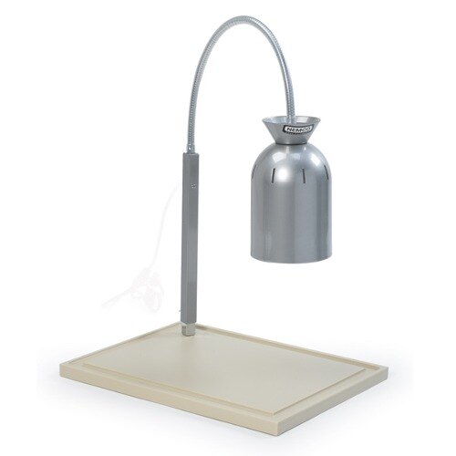 A silver lamp with a metal post on a white rectangular base.