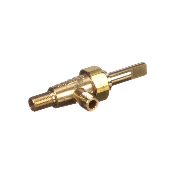 A brass Rankin-Delux valve with a gold colored handle.
