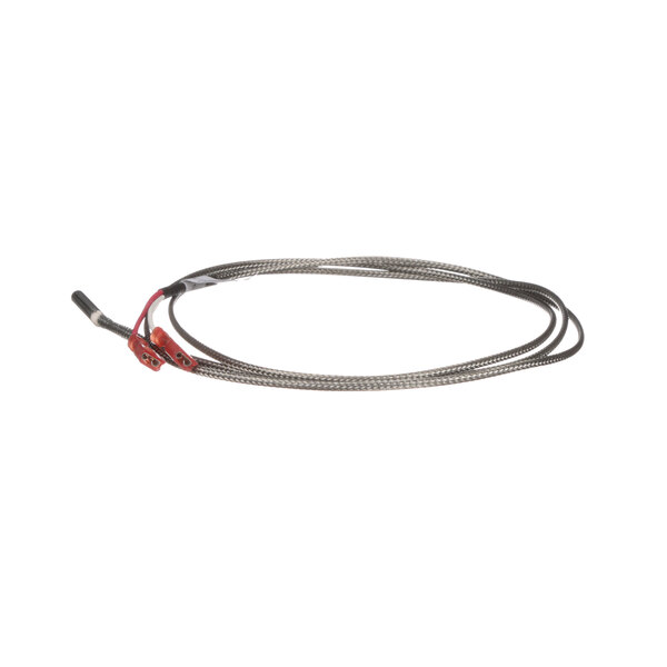 A silver cable with red and white wires connected to a probe.