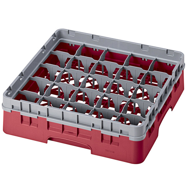 A red and grey Cambro glass rack with 25 compartments.