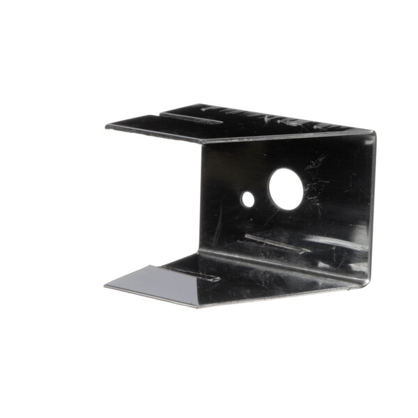 A black metal Sunglo pilot shield bracket with a hole in it.