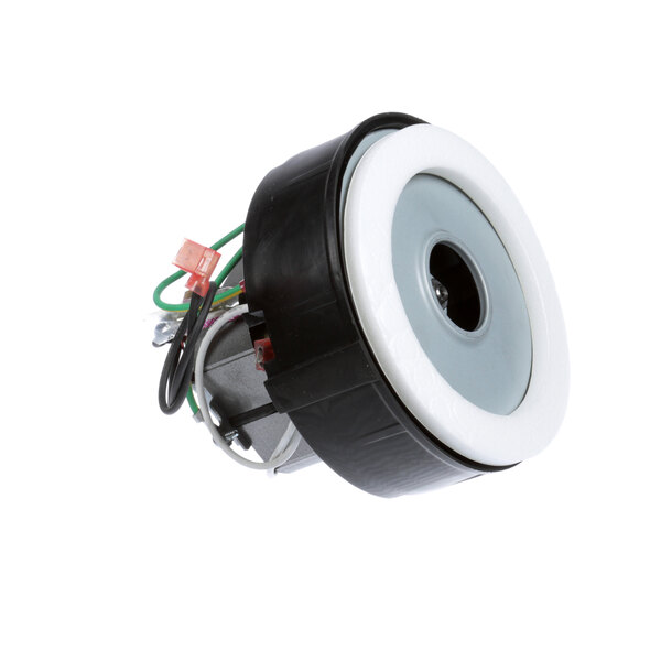 A white and black circular World Dryer motor with wires.