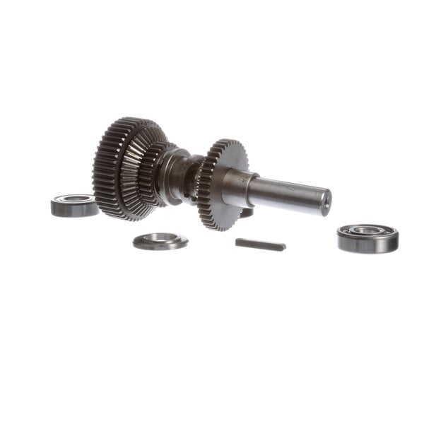 A metal planetary shaft with gears and bearings.