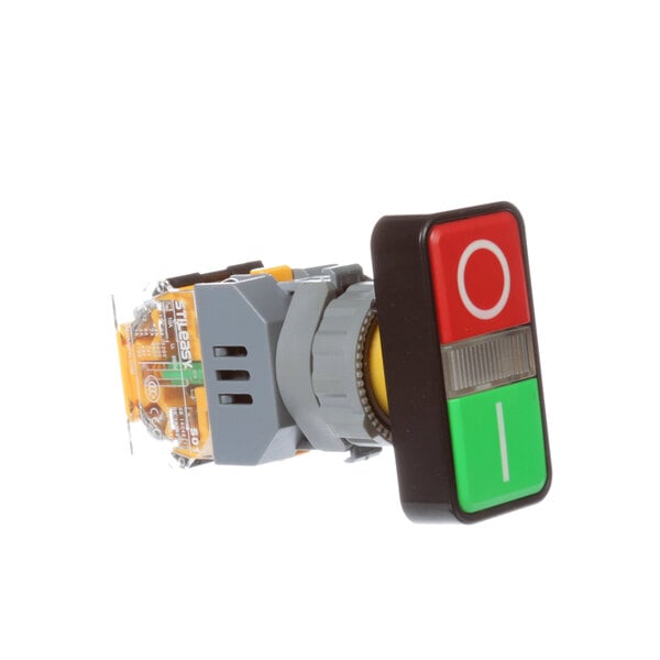 A close-up of an Anvil America XSLB1202 square push button switch with green and red buttons.
