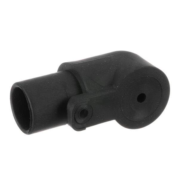 A close-up of a black plastic pipe with a hole.