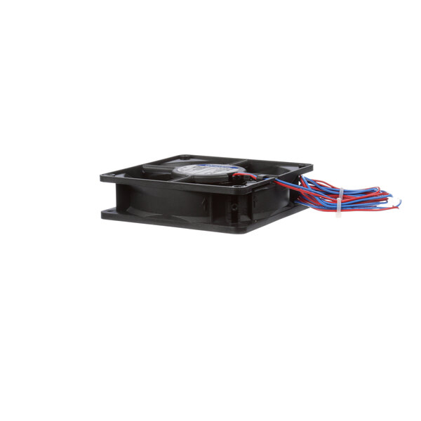 A black plastic RPI Industries fan motor with red and blue wires.