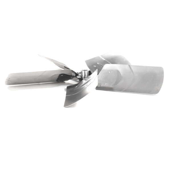 A close-up of a silver Hussmann fan propeller.