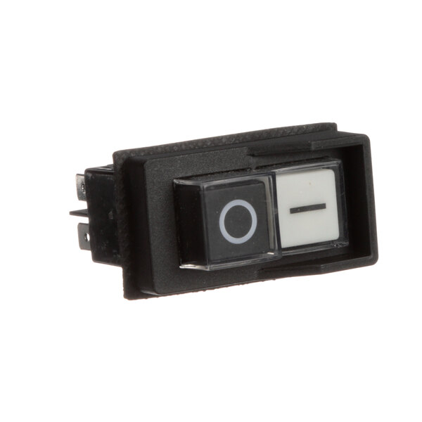 A black General On-Off switch with a white button.