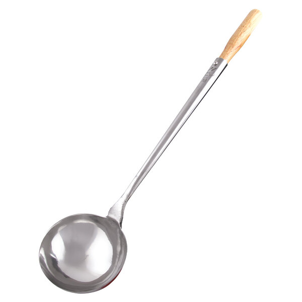 A silver Thunder Group small wok ladle with a wooden handle.