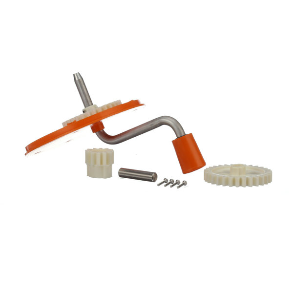 An orange and white Dynamic Mixers handle assembly with a gear.