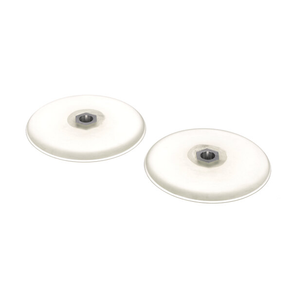 Two white plastic Prawnto roller discs with holes.