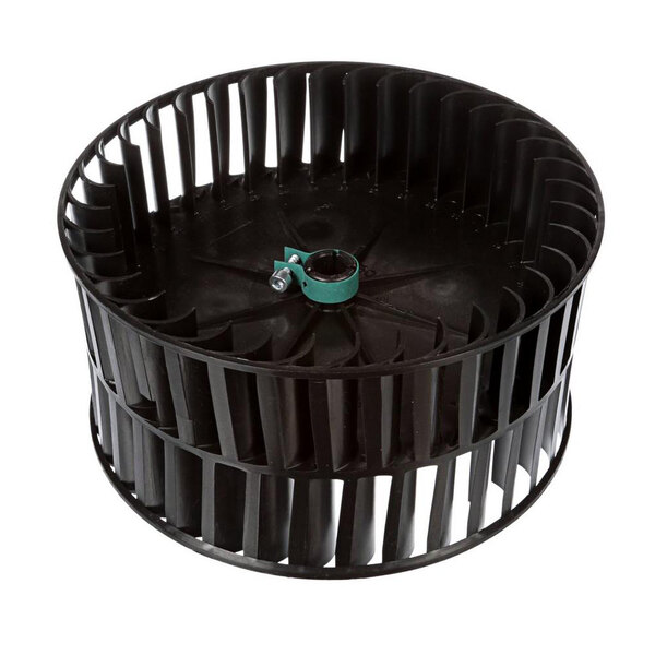 A black circular plastic ventilation wheel with green tape on it.