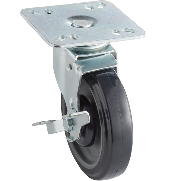 A black wheel with a metal plate and a silver brake.