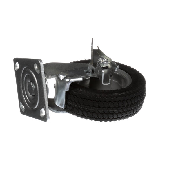 A small black wheel with a metal bracket and a metal wheel with a rubber tire.