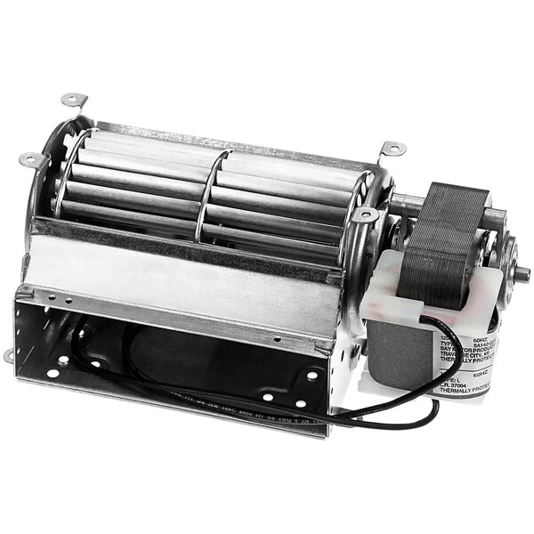 A Montague TC-800 fan assembly with a small metal fan and a small motor with wires.