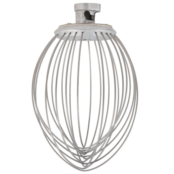 A Hobart stainless steel wire whip with a white handle.