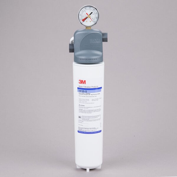 3M ICE125-S water filtration system cartridge with a white and grey filter and a gauge on top.