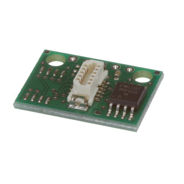 A green circuit board with a white connector.