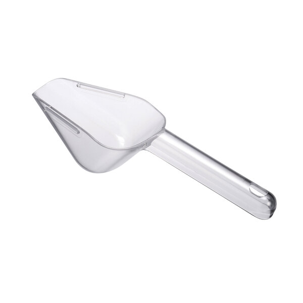 A clear plastic Manitowoc Ice scoop with a long handle.