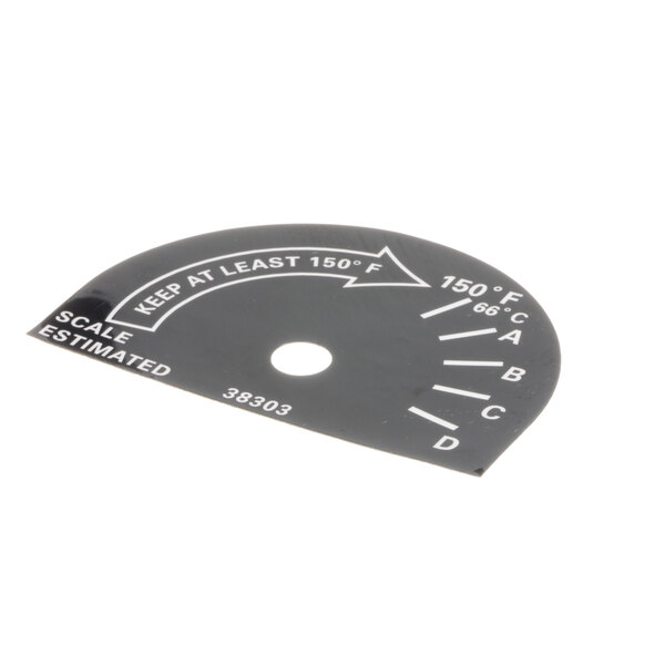 A black and white circular thermostat cover plate with a scale and arrows.