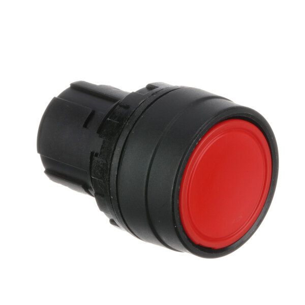 A close-up of a red Oliver stop button with a black plastic base.