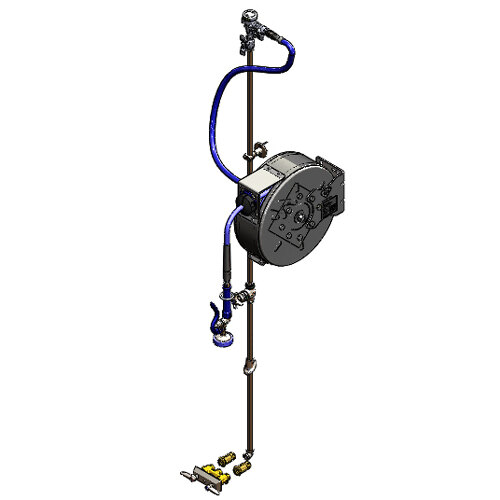 A T&S hose reel assembly with exposed steel piping and accessories on a white background.