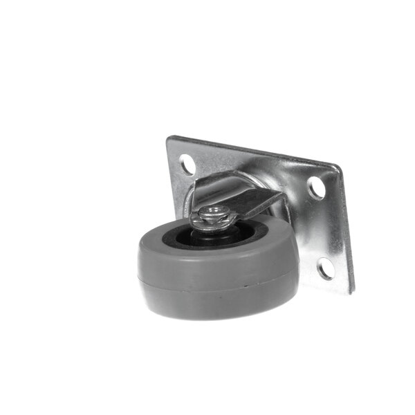 A small grey RF Hunter caster wheel with a metal plate on top.