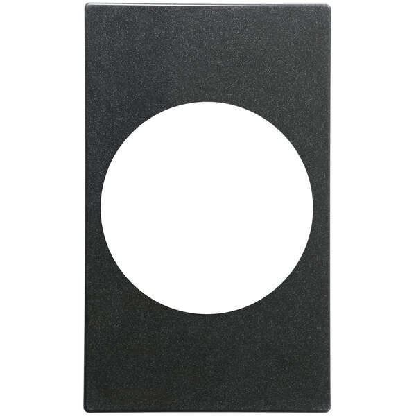 A white circular object with a black border and a black rectangle inside.