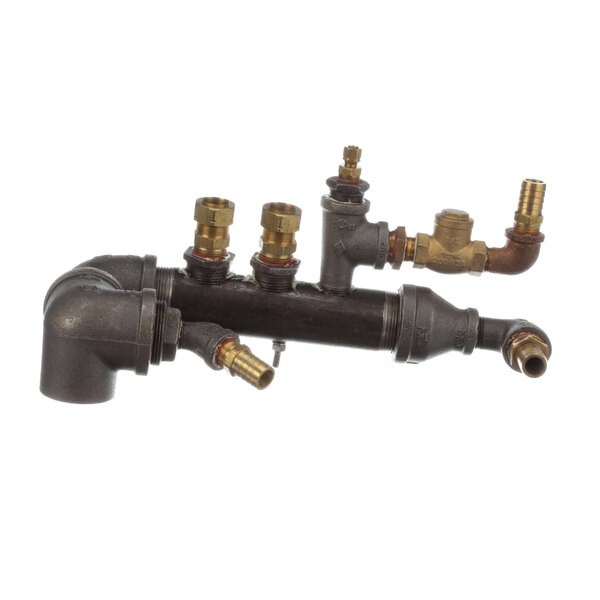 A Cleveland Drain Manifold with two black pipes and brass fittings.