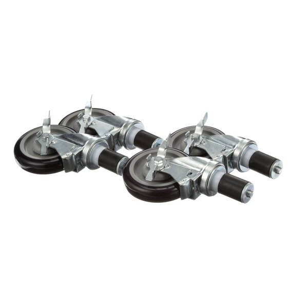 A set of Krowne Metal Corporation stem casters with metal and black rubber wheels.