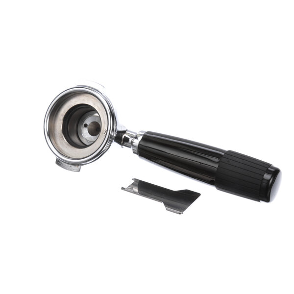 A black and silver coffee grinder attachment for a Quality Espresso coffee machine.