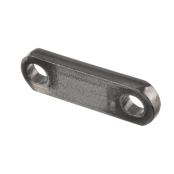 A black metal bracket with two holes.