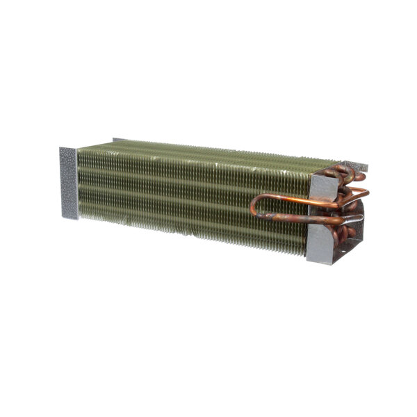 A close-up of a green and copper OmniTemp coil core heat exchanger.