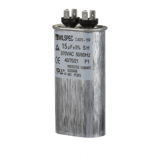 A silver Aaon capacitor with black text on it.