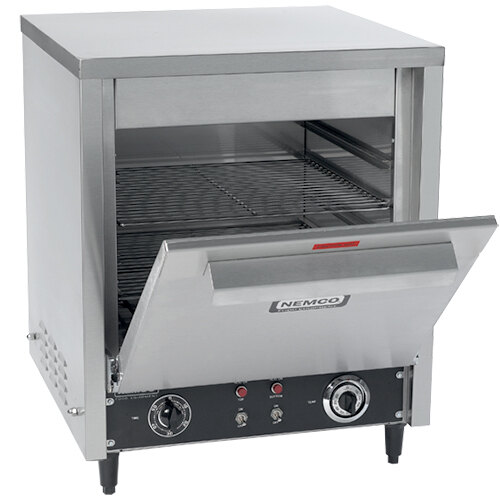 A stainless steel Nemco countertop oven with a door open.